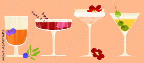 Set of cocktails. Drinks in different types of vintage glasses. Vector illustration of summer cocktails