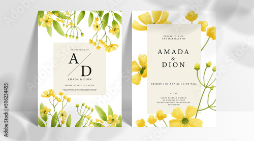 Minimal wedding invitation card set template with yellow flowers and leaves watercolor in white background