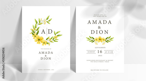 Minimal wedding invitation card set template with yellow flowers and leaves watercolor in white background