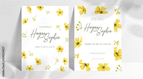 Minimal wedding invitation card set template with yellow flowers and leaves watercolor in white background
