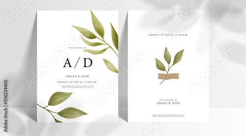 Minimal wedding invitation card set template with leaves watercolor in white background