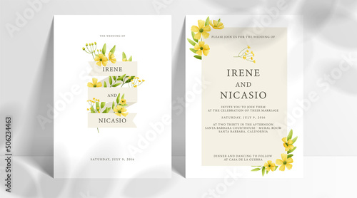 Minimal wedding invitation card set template with yellow flowers and leaves watercolor in white background