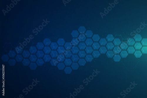 Hexagons pattern on blue background. Genetic research, molecular structure. Chemical engineering. Concept of innovation technology. Used for design healthcare, science and medicine background