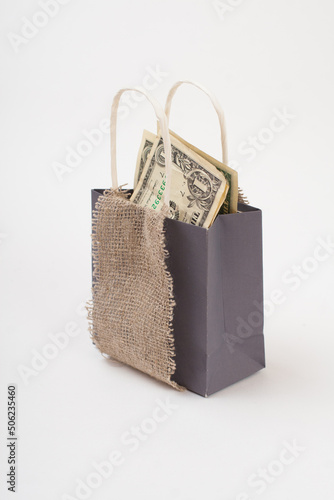 Designer paper bag, close up, dollars inside, isolated on white background