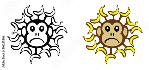 Cartoon monkey virus or monkeypox. The virus belongs to the genus Orthopoxvirus in the family Poxviridae. infectious disease. Ape face with yellow banana. Vector monkey pox symbol or icon