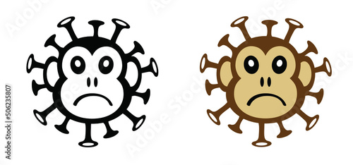 Cartoon monkey virus or monkeypox. The virus belongs to the genus Orthopoxvirus in the family Poxviridae. infectious disease. Ape face with yellow banana. Vector monkey pox symbol or icon