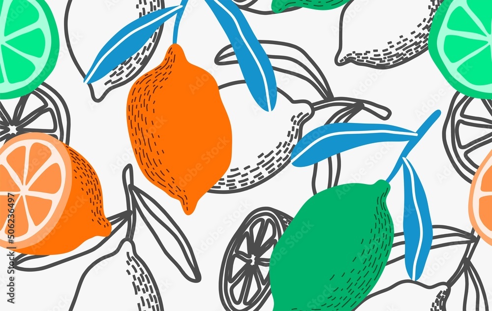 Naklejka premium Hand drawn seamless pattern with fresh lemons. Colorful summer wallpaper . Citrus fruits collection. Vector background. Good for printing.