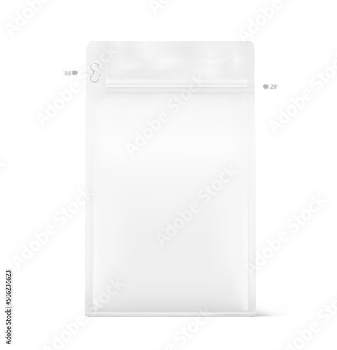 Realistic food bag mockup isolated on white background. Front view. Can be used on packaging, advertising, promo, etc. EPS10.	