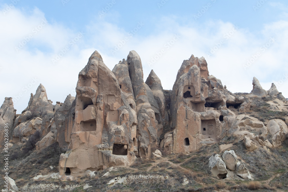Mountains with cave houses at Goreme national park Turkey