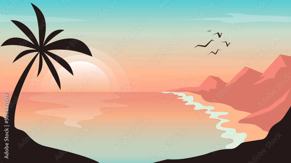 Abstract beach landscape vector background. Sunset wallpaper hills, mountains, coconut tree, sea, ocean with vibrant gradient color. Landscape graphic design for prints, banner, covers, poster.