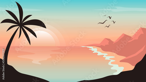 Abstract beach landscape vector background. Sunset wallpaper hills, mountains, coconut tree, sea, ocean with vibrant gradient color. Landscape graphic design for prints, banner, covers, poster. © TWINS DESIGN STUDIO