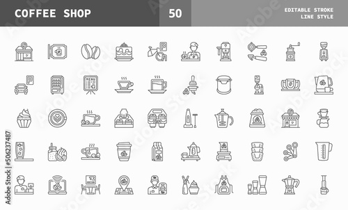 Coffee Shop icons set. Line set of vector icons editable stroke and pixel perfect. Can used for digital product, presentation, UI and many more.
