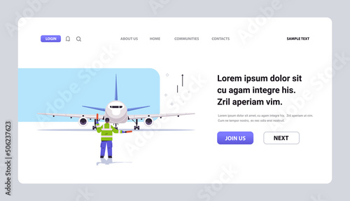 aviation marshaller supervisor signaling near aircraft air traffic controller airline worker in signal vest professional airport staff