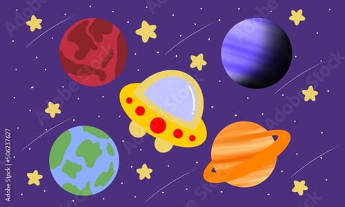 UFO and solar system. Colorful planets, galaxy and universe. dark cosmos, stars, asteroids, and comets. Space cartoon childrens poster. Fantasy starry night dream background. Vector illustration.
