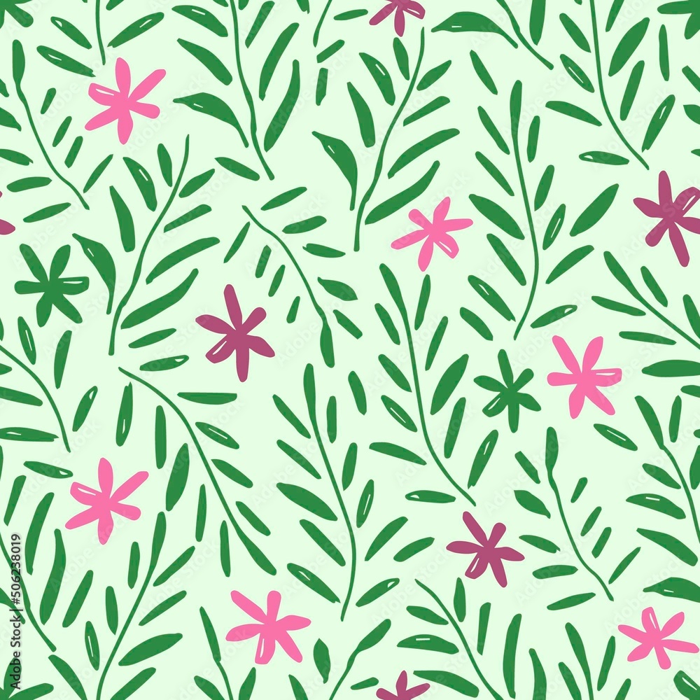 Simple vector floral seamless pattern in rustic style. Small pink flowers, green twigs, leaves on a light background. For printing on textiles, wrapping paper, clothing, bedding, stationery. Simple vector floral seamless pattern in rustic style. Small pink flowers, green twigs, leaves on a light background. For printing on textiles, wrapping paper, clothing, bedding, stationery.