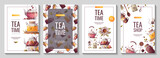 Set of banners with teapots, jar of loose tea, teacups. Tea shop, break, cafe-bar, tea lover, tea party, beverages concept. A4 Vector illustration for poster, banner, flyer, menu, advertising. 