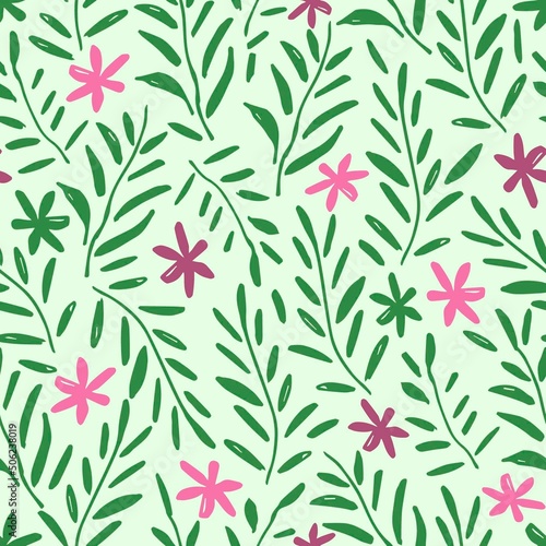 Simple vector floral seamless pattern in rustic style. Small pink flowers, green twigs, leaves on a light background. For printing on textiles, wrapping paper, clothing, bedding, stationery.