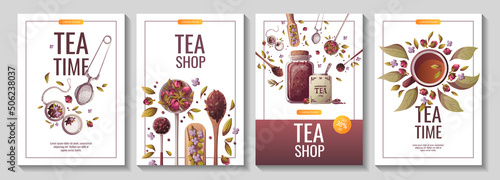 Set of banners with spoons and jar of loose tea, teacups. Tea shop, cafe-bar, tea party, beverages, kitchen concept. Vector illustration for poster, banner, flyer, menu, advertising. 
