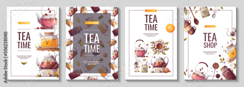 Set of banners with teapots, jar of loose tea, teacups. Tea shop, break, cafe-bar, tea lover, tea party, beverages concept. A4 Vector illustration for poster, banner, flyer, menu, advertising. 