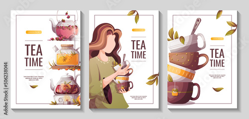 Flyer set with woman, teapots, teacups. Tea shop, cafe-bar, tea lover, beverages concept. A4 Vector illustration for poster, banner, flyer, menu, advertising.