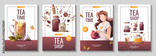 Flyer set with woman, teapots, teacups. Tea shop, cafe-bar, tea lover, beverages concept. A4 Vector illustration for poster, banner, flyer, menu, advertising.