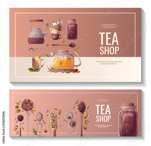 Set of banners with teapots, spoons and jar of loose tea, teacups. Tea shop, cafe-bar, tea party, beverages, kitchen concept. Vector illustration for poster, banner, flyer, menu, advertising. 