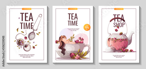 Flyer set with woman, teapot, teacup, strainer. Tea shop, cafe-bar, tea lover, beverages concept. A4 Vector illustration for poster, banner, flyer, menu, advertising.