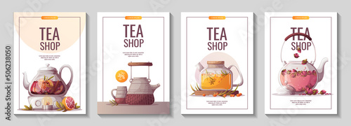 Set of flyers with teapots. Tea shop, cafe-bar, tea party, beverages concept. A4 Vector illustration for poster, banner, flyer, menu, advertising. 