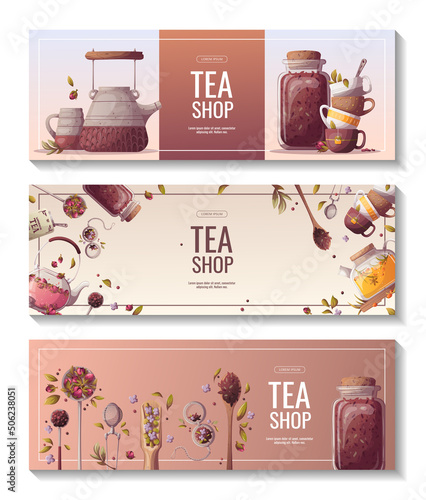 Set of banners with teapots, spoons and jar of loose tea, teacups. Tea shop, cafe-bar, tea party, beverages, kitchen concept. Vector illustration for poster, banner, flyer, menu, advertising. 