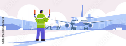aviation marshaller supervisor near aircraft air traffic controller airline worker in signal vest professional airport staff