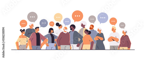 mix race people discussing during meeting chat bubble communication concept horizontal portrait