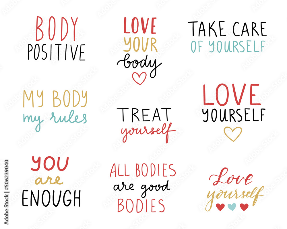 Body positive quotes set. Cute positive badges, lettering, doodle ...