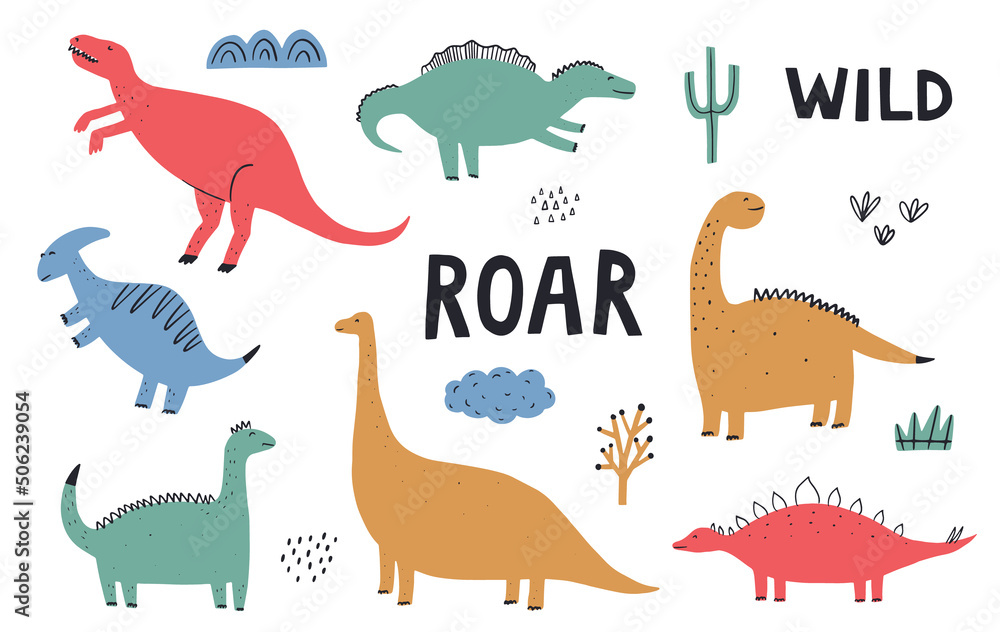 Obraz premium Cute colorful cartoon dinosaurs and doodle elements set isolated on white background. Vector illustration for kids