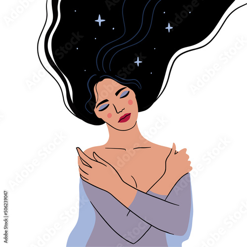 Beautiful young woman wearing nightie. Female character sleeping. Sweet dream. Night vector illustration