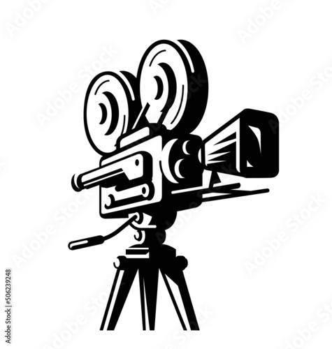 Vintage film projector with film strip, cinema symbol. Movie projector vector illustration