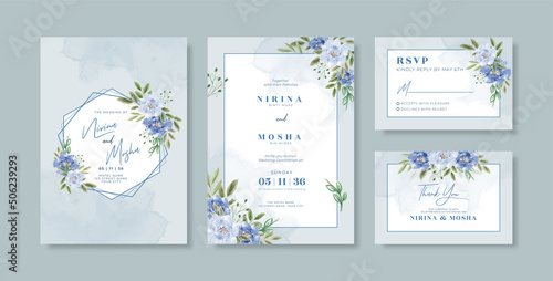 Beautiful wedding invitation template with floral bouquet watercolor