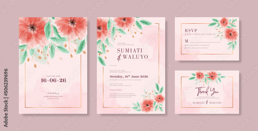 Beautiful wedding invitation with bouquet floral watercolor