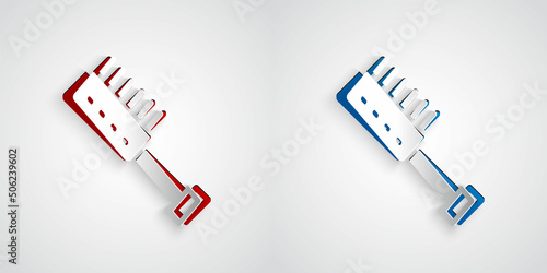 Paper cut Sauna brush icon isolated on grey background. Wooden brush with coarse bristles for washing in the bath. Anti cellulite massage. Paper art style. Vector