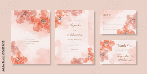 Beautiful orange wedding invitation template with flower watercolor