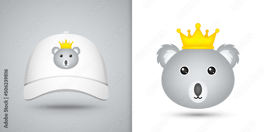 Koala head on white baseball cap Koala head on white baseball cap