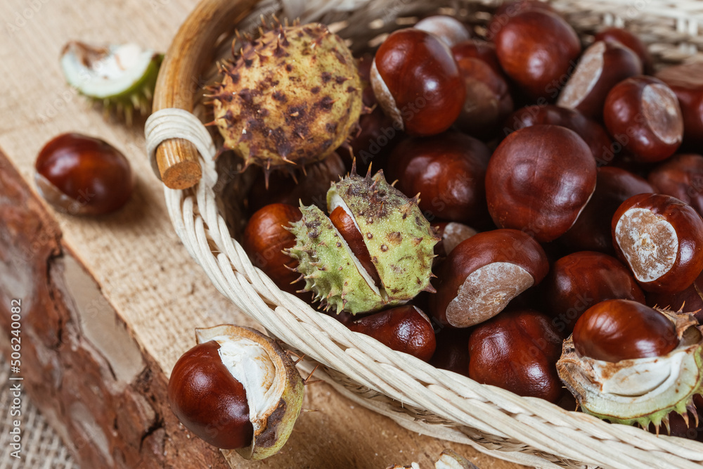 Close up view of Chestnuts in a basket on a wooden background Close up view of Chestnuts in a basket on a wooden background
