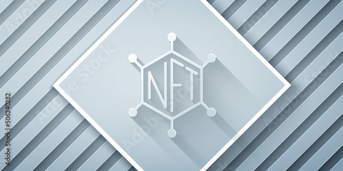 Paper cut NFT blockchain technology icon isolated on grey background. Non fungible token. Digital crypto art concept. Paper art style. Vector