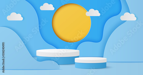 Paper cut of minimal scene with white and blue color cylinder podium for products display presentation, sun and cloud on blue sky background, Summer season. Vector illustration