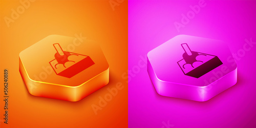 Isometric Cat litter tray with shovel icon isolated on orange and pink background. Sandbox cat with shovel. Hexagon button. Vector