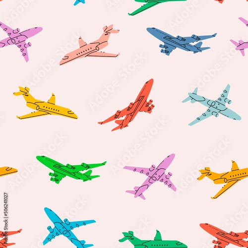 Airplane flying in the sky. Bright colorful silhouettes of passenger planes. Vacation, fast travel, transportation concept. Hand drawn modern Vector seamless Pattern. Square background, wallpaper