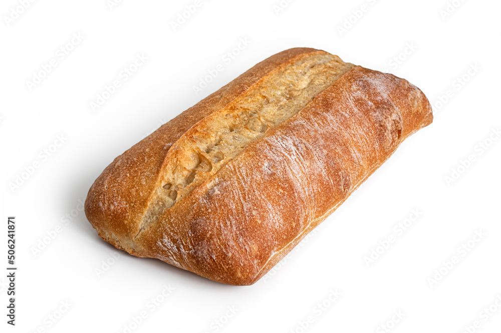 Ciabatta Italian wheat bread with a crispy crust, isolated on a white background Ciabatta Italian wheat bread with a crispy crust, isolated on a white background