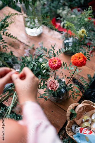 flower master class, preparing bouquet, Floral business concept