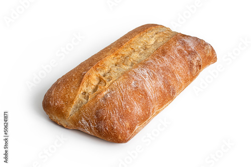 Ciabatta Italian wheat bread with a crispy crust, isolated on a white background
