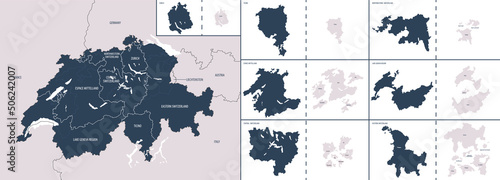 Vector color detailed map of Switzerland with the administrative divisions of the country, each regions is presented separately and divided into Cantons