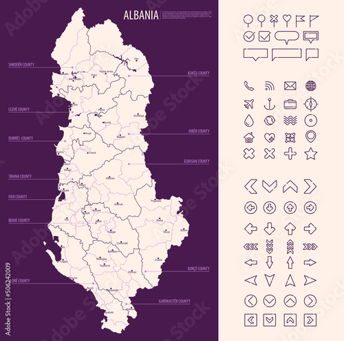 Detailed map of Albania with administrative divisions on dark background, country big cities and icons set, vector illustration
